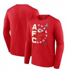 Men Kansas City Chiefs Red 2023 AFC Champions Right Side Draw Long Sleeve T Shirt Men Kansas City Chiefs Red 2023 AFC Champions Right Side Draw Long Sleeve T Shirt