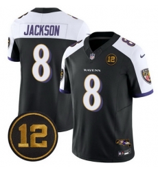 Men Baltimore Ravens 8 Lamar Jackson Black Alternate 2025 F U S E  Jacoby Jones Patch Vapor Limited Football Jersey