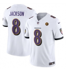 Men Baltimore Ravens 8 Lamar Jackson White 2023 F U S E With John Madden Patch Vapor Limited Football Jersey Men Baltimore Ravens 8 Lamar Jackson White 2023 F U S E With John Madden Patch Vapor Limited Football Jersey