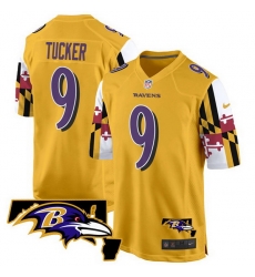 Men Baltimore Ravens 9 Justin Tucker Gold 2025 Maryland Flag Vapor Limited Football Game Jersey