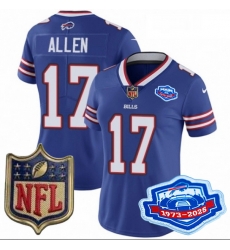 Women Buffalo Bills 17 Josh Allen Blue 2025 F U S E Farewell Season Gold Shield Patch Stitched Football Jersey Women Buffalo Bills 17 Josh Allen Blue 2025 F U S E Farewell Season Gold Shield Patch Stitched Football Jersey