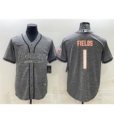 Men Chicago Bears 1 Justin Fields Grey With Patch Cool Base Stitched Baseball Jersey Men Chicago Bears 1 Justin Fields Grey With Patch Cool Base Stitched Baseball Jersey
