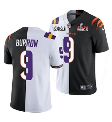 Men Cincinnati Bengals X LSU Tigers 9 Joe Burrow 2022 White Black Split Super Bowl LVI Stitched Jerse Men Cincinnati Bengals X LSU Tigers 9 Joe Burrow 2022 White Black Split Super Bowl LVI Stitched Jerse