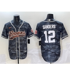 Men Cleveland Browns 12 Shedeur Sanders Grey Camo With Patch Cool Base Stitched Baseball Jersey