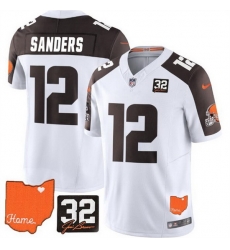 Men Cleveland Browns 12 Shedeur Sanders White Brown 2025 Draft F U S E  With Jim Brown Memorial  26 Home Patch Vapor Limited Stitched Football Jersey