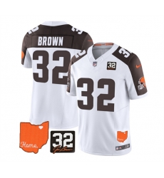 Men Cleveland Browns 32 Jim Brown White Brown 2023 F U S E With Jim Brown Memorial Patch Vapor Untouchable Limited Stitched Jersey Men Cleveland Browns 32 Jim Brown White Brown 2023 F U S E With Jim Brown Memorial Patch Vapor Untouchable Limited Stitched Jersey
