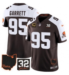 Men Cleveland Browns 95 Myles Garrett Brown Alternate 2025 F U S E  4 Star C Patch With Jim Brown Memorial  26 Home Patch Vapor Limited Stitched Football J
