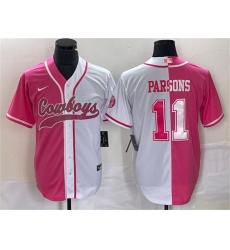 Men Dallas Cowboys 11 Micah Parsons Pink White Split Cool Base Stitched Baseball Jersey Men Dallas Cowboys 11 Micah Parsons Pink White Split Cool Base Stitched Baseball Jersey