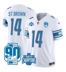 Men Detroit Lions 14 Amon Ra St Brown White 2023 F U S E 90th Anniversary NFC North Division Champions Vapor Untouchable Limited Stitched Jersey Men Detroit Lions 14 Amon Ra St Brown White 2023 F U S E 90th Anniversary NFC North Division Champions Vapor Untouchable Limited Stitched Jersey