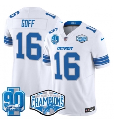 Men Detroit Lions 16 Jared Goff White 2024 NFC North Champions 90th Anniversary Patch F U S E Vapor Limited Stitched Jersey Men Detroit Lions 16 Jared Goff White 2024 NFC North Champions 90th Anniversary Patch F U S E Vapor Limited Stitched Jersey