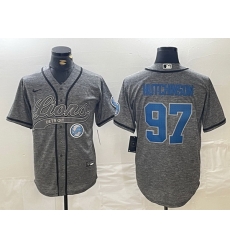 Men Detroit Lions 97 Aidan Hutchinson Grey Cool Base Stitched Baseball Jersey 3 Men Detroit Lions 97 Aidan Hutchinson Grey Cool Base Stitched Baseball Jersey 3