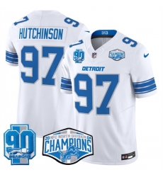Men Detroit Lions 97 Aidan Hutchinson White 2024 NFC North Champions 90th Anniversary Patch F U S E Vapor Limited Stitched Jersey Men Detroit Lions 97 Aidan Hutchinson White 2024 NFC North Champions 90th Anniversary Patch F U S E Vapor Limited Stitched Jersey
