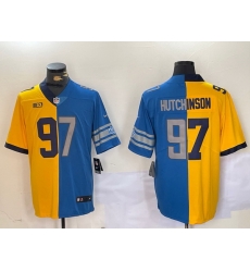 Men Detroit Lions 97 Aidan Hutchinson Yellow Blue Split Vapor Limited Stitched Jersey Men Detroit Lions 97 Aidan Hutchinson Yellow Blue Split Vapor Limited Stitched Jersey