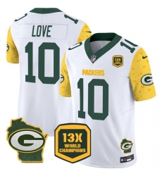Men Green Bay Packers 10 Jordan Love Cheese White 2024 F U S E 13 Time World Champions And Home Patch Vapor Untouchable Limited Stitched Football Jersey Men Green Bay Packers 10 Jordan Love Cheese White 2024 F U S E 13 Time World Champions And Home Patch Vapor Untouchable Limited Stitched Football Jersey