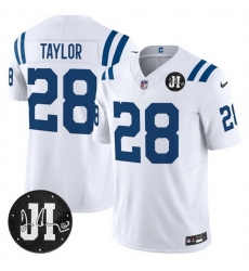 Men Indianapolis Colts 28 Jonathan Taylor White 2025 F U S E  Jim Irsay Patch Vapor Limited Stitched Football Jersey