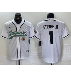 Men Jacksonville Jaguars 1 Travis Etienne Jr White With Patch Cool Base Stitched Baseball Jersey 1 Men Jacksonville Jaguars 1 Travis Etienne Jr White With Patch Cool Base Stitched Baseball Jersey 1