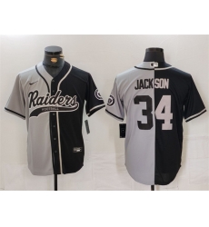Men Las Vegas Raiders 34 Bo Jackson Grey Black Split Cool Base Stitched Baseball Jersey Men Las Vegas Raiders 34 Bo Jackson Grey Black Split Cool Base Stitched Baseball Jersey
