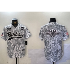Men Las Vegas Raiders Team Big Logo 2024 Arctic Camo Salute To Service With 65th Anniversary Patch Stitched Baseball Jersey 1 Men Las Vegas Raiders Team Big Logo 2024 Arctic Camo Salute To Service With 65th Anniversary Patch Stitched Baseball Jersey 1