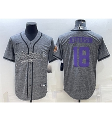 Men Minnesota Vikings 18 Justin Jefferson Grey With Patch Cool Base Stitched Baseball Jersey Men Minnesota Vikings 18 Justin Jefferson Grey With Patch Cool Base Stitched Baseball Jersey