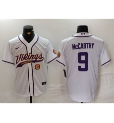 Men Minnesota Vikings 9 J J McCarthy White Cool Base Stitched Baseball Jersey 1 Men Minnesota Vikings 9 J J McCarthy White Cool Base Stitched Baseball Jersey 1