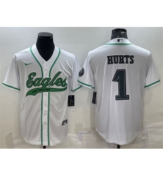 Men Philadelphia Eagles 1 Jalen Hurts White With Patch Cool Base Stitched Baseball Jersey Men Philadelphia Eagles 1 Jalen Hurts White With Patch Cool Base Stitched Baseball Jersey