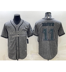 Men Philadelphia Eagles 11 A J Brown Grey With Patch Cool Base Stitched Baseball Jersey Men Philadelphia Eagles 11 A J Brown Grey With Patch Cool Base Stitched Baseball Jersey