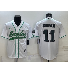 Men Philadelphia Eagles 11 A J Brown White With Patch Cool Base Stitched Baseball Jersey Men Philadelphia Eagles 11 A J Brown White With Patch Cool Base Stitched Baseball Jersey