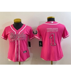 Women Philadelphia Eagles 1 Jalen Hurts Pink Cool Base Stitched Baseball Jersey Run Small Women Philadelphia Eagles 1 Jalen Hurts Pink Cool Base Stitched Baseball Jersey Run Small