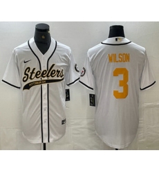 Men Pittsburgh Steelers 3 Russell Wilson White With Patch Cool Base Stitched Baseball Jersey Men Pittsburgh Steelers 3 Russell Wilson White With Patch Cool Base Stitched Baseball Jersey