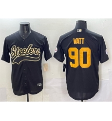 Men Pittsburgh Steelers 90 T J Watt Black Cool Base Stitched Baseball Jersey Men Pittsburgh Steelers 90 T J Watt Black Cool Base Stitched Baseball Jersey