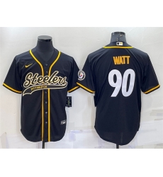 Men Pittsburgh Steelers 90 T J Watt Black With Patch Cool Base Stitched Baseball Jersey Men Pittsburgh Steelers 90 T J Watt Black With Patch Cool Base Stitched Baseball Jersey