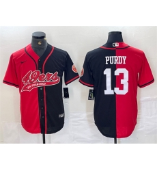Men San Francisco 49ers 13 Brock Purdy Red Black Split With Patch Cool Base Stitched Baseball Jersey Men San Francisco 49ers 13 Brock Purdy Red Black Split With Patch Cool Base Stitched Baseball Jersey