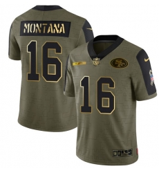 Men San Francisco 49ers 16 Joe Montana 2021 Olive Camo Salute To Service Golden Limited Stitched Jersey Men San Francisco 49ers 16 Joe Montana 2021 Olive Camo Salute To Service Golden Limited Stitched Jersey