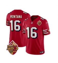 Men San Francisco 49ers 16 Joe Montana Red 2023 F U S E 50th Patch Throwback Stitched Football Jersey Men San Francisco 49ers 16 Joe Montana Red 2023 F U S E 50th Patch Throwback Stitched Football Jersey