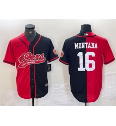 Men San Francisco 49ers 16 Joe Montana Red Black Split With Patch Cool Base Stitched Baseball Jersey Men San Francisco 49ers 16 Joe Montana Red Black Split With Patch Cool Base Stitched Baseball Jersey