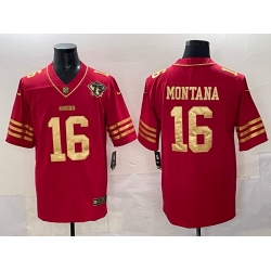 Men San Francisco 49ers 16 Joe Montana Red Gold With 75th Patch Vapor Limited Stitched Football Jersey