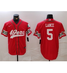 Men San Francisco 49ers 5 Trey Lance Red With Patch Cool Base Stitched Baseball Jersey Men San Francisco 49ers 5 Trey Lance Red With Patch Cool Base Stitched Baseball Jersey