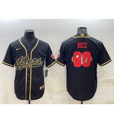Men San Francisco 49ers 80 Jerry Rice Black Gold Team Big Logo With Patch Cool Base Stitched Baseball Jersey Men San Francisco 49ers 80 Jerry Rice Black Gold Team Big Logo With Patch Cool Base Stitched Baseball Jersey