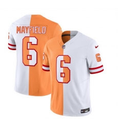 Men Tampa Bay Buccaneers 6 Baker Mayfield 2023 F U S E White Gold Split Throwback Limited Stitched Jersey Men Tampa Bay Buccaneers 6 Baker Mayfield 2023 F U S E White Gold Split Throwback Limited Stitched Jersey