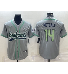 Men Seattle Seahawks 14 DK Metcalf Grey With Patch Cool Base Stitched Baseball Jersey Men Seattle Seahawks 14 DK Metcalf Grey With Patch Cool Base Stitched Baseball Jersey