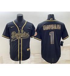 Men Miami Dolphins 1 Tua Tagovailoa Black Gold With Patch Cool Base Stitched Baseball Jersey Men Miami Dolphins 1 Tua Tagovailoa Black Gold With Patch Cool Base Stitched Baseball Jersey
