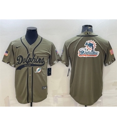 Men Miami Dolphins Olive 2022 Salute To Service Team Big Logo Cool Base Stitched Baseball Jersey II Men Miami Dolphins Olive 2022 Salute To Service Team Big Logo Cool Base Stitched Baseball Jersey II