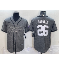 Men New York Giants 26 Saquon Barkley Grey With Patch Cool Base Stitched Baseball Jersey Men New York Giants 26 Saquon Barkley Grey With Patch Cool Base Stitched Baseball Jersey