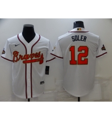 Men Atlanta Braves 12 Jorge Soler 2022 White Gold World Series Champions Program Cool Base Stitched Baseball jersey Men Atlanta Braves 12 Jorge Soler 2022 White Gold World Series Champions Program Cool Base Stitched Baseball jersey
