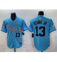 Men Atlanta Braves 13 Ronald Acua Jr  Blue 2024 Atliens  26 Peach With Outkast Patch Vapor Limited Stitched Baseball Jersey