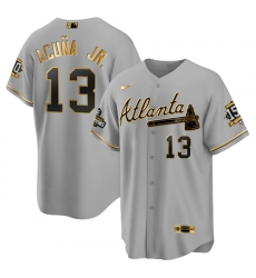 Men Atlanta Braves 13 Ronald Acuna Jr 2021 Grey Gold World Series Champions With 150th Anniversary Patch Cool Base Stitched Jersey Men Atlanta Braves 13 Ronald Acuna Jr 2021 Grey Gold World Series Champions With 150th Anniversary Patch Cool Base Stitched Jersey
