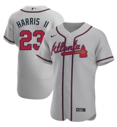 Men Atlanta Braves 23 Michael Harris II Gray Flex Base Stitched Baseball Jersey Men Atlanta Braves 23 Michael Harris II Gray Flex Base Stitched Baseball Jersey