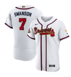 Men Atlanta Braves 7 Dansby Swanson 2022 White Gold World Series Champions Program Flex Base Stitched Baseball jersey Men Atlanta Braves 7 Dansby Swanson 2022 White Gold World Series Champions Program Flex Base Stitched Baseball jersey