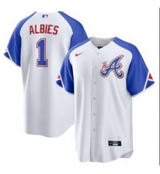 Men's Atlanta Braves #1 Ozzie Albies White 2023 City Connect Cool Base Stitched Baseball Jersey Men's Atlanta Braves #1 Ozzie Albies White 2023 City Connect Cool Base Stitched Baseball Jersey