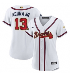 Women Atlanta Braves 13 Ronald Acuna Jr 2022 White Gold World Series Champions Program Stitched Jersey Women Atlanta Braves 13 Ronald Acuna Jr 2022 White Gold World Series Champions Program Stitched Jersey